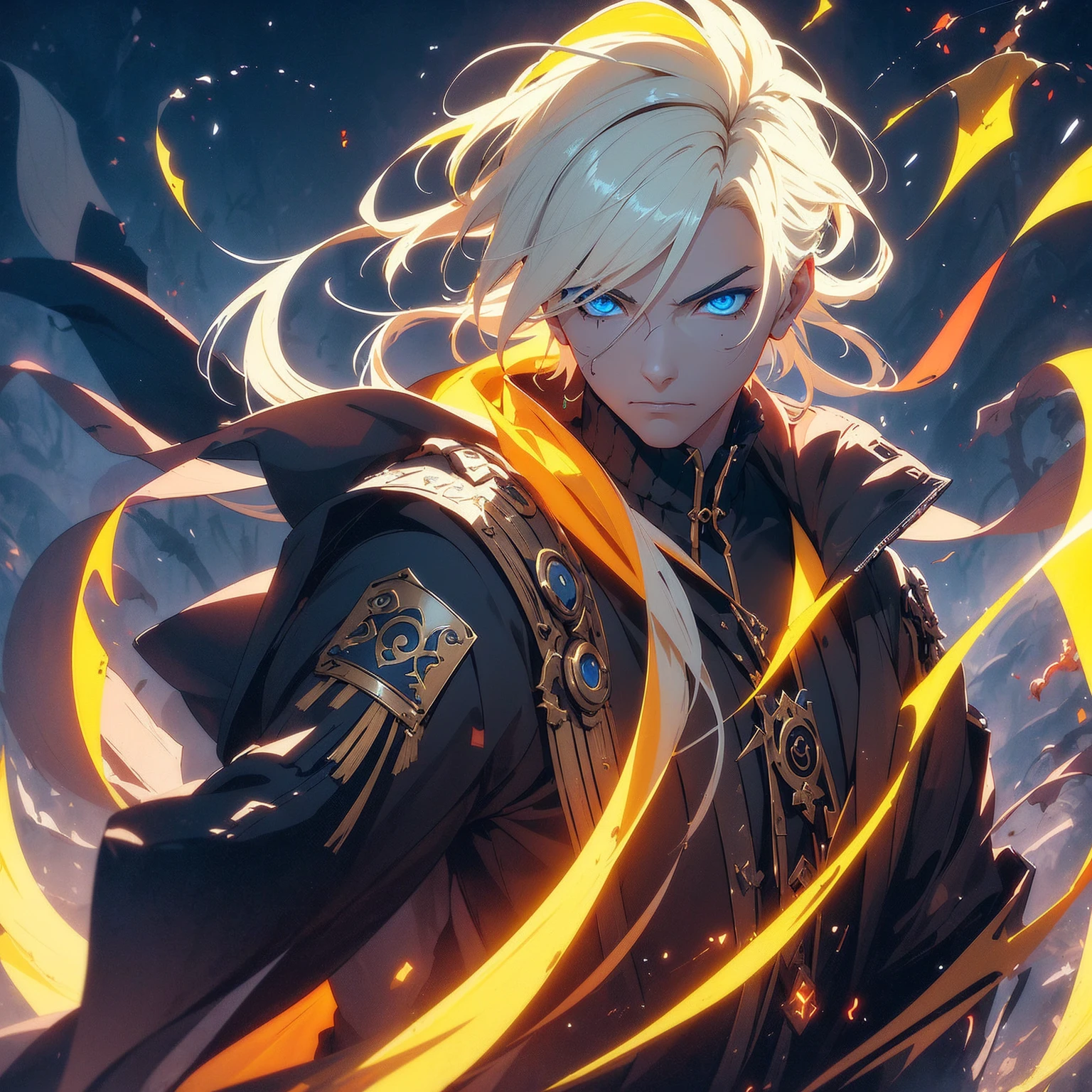 (Onmyoji theme)), (in 8K、top-quality、masterpiece:1.2)、Vampire、Cyberpunk men、fantasy worlds、dark backgrounds、Clean design、Magnificent Instagram、art stations、Colorful paint splatter、silhuette、Ultra-detailed intricate details、unrealengine、Fantasia、intricate detailes、Splash Screen、Complementary color scheme、Fantasy concept art、an oil painting、heavy strokes、Paint dripping、(isolated on white:1.3)、Rainbow skin、(((Handsome young man)))、(glowingblueeyes)、 ((Bright eye)), (( Spiky Hair, Yellow hair:1.1))), ((Black Millitary Coat)), (prinz\\(indifferent look\\),(Wearing a luxurious black robe with high detail))), Yellow-haired, Frost Rune magic, ((Wizard)).