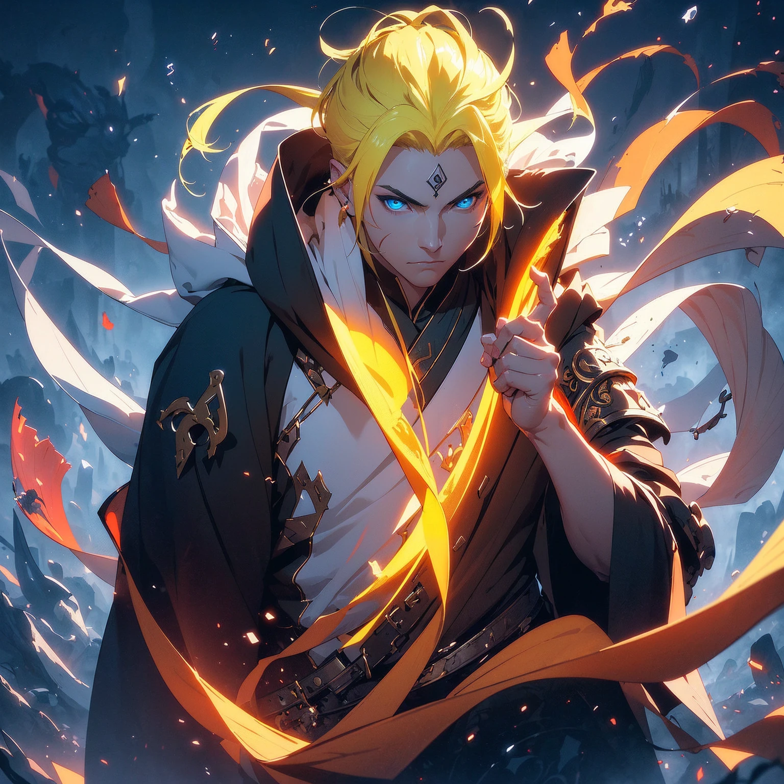 (Onmyoji theme)), (in 8K、top-quality、masterpiece:1.2)、Vampire、Cyberpunk men、fantasy worlds、dark backgrounds、Clean design、Magnificent Instagram、art stations、Colorful paint splatter、silhuette、Ultra-detailed intricate details、unrealengine、Fantasia、intricate detailes、Splash Screen、Complementary color scheme、Fantasy concept art、an oil painting、heavy strokes、Paint dripping、(isolated on white:1.3)、Rainbow skin、(((Handsome young man)))、(glowingblueeyes)、 ((Bright eye)), (( Spiky Hair, Yellow hair:1.1))), ((Black Millitary Coat)), (prinz\\(indifferent look\\),(Wearing a luxurious black robe with high detail))), Yellow-haired, Frost Rune magic, ((Wizard)).