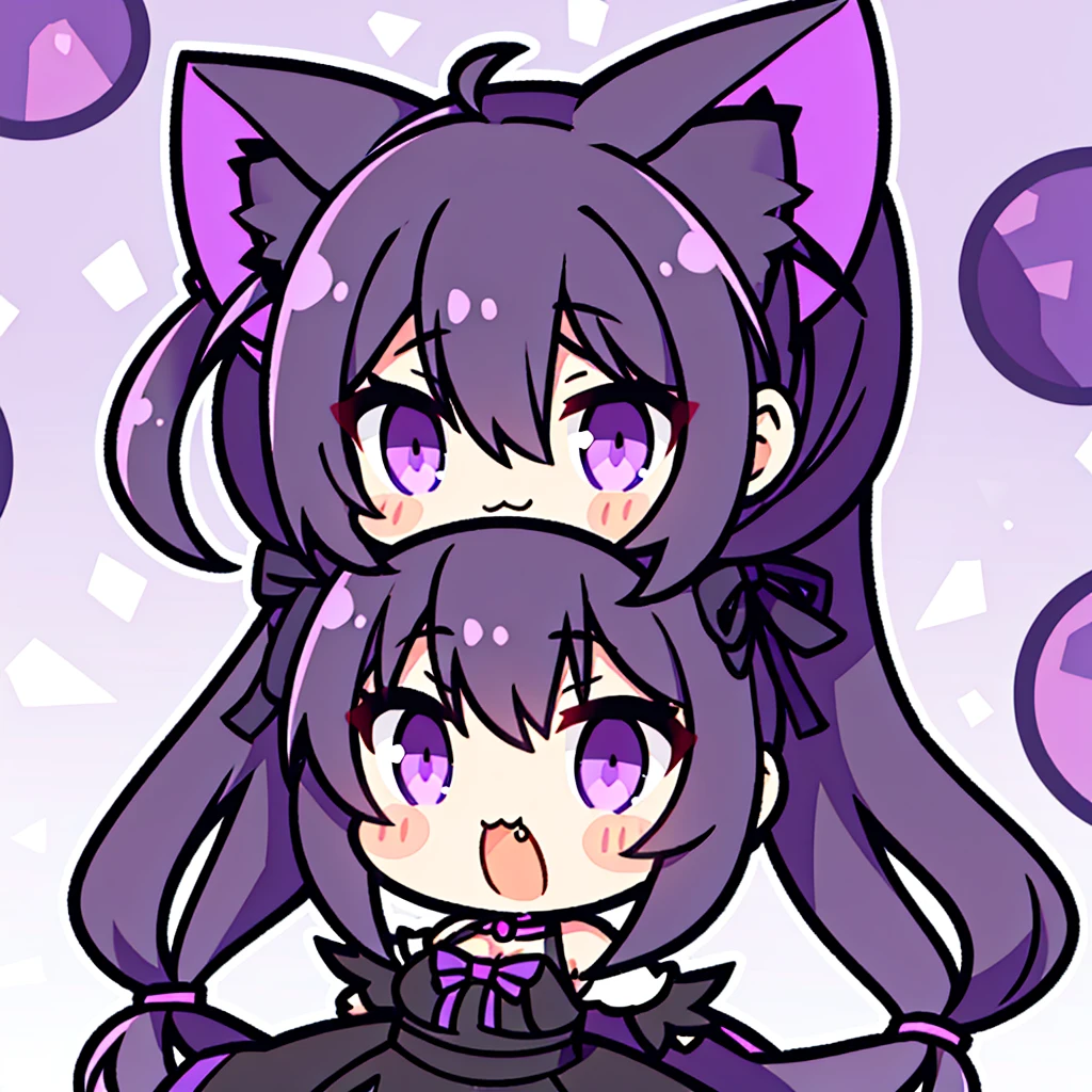 Generate an image from a ,with cat ears,black wavy hair,sharp purple eyes,generate a tuber png image with other expressions in chibi format