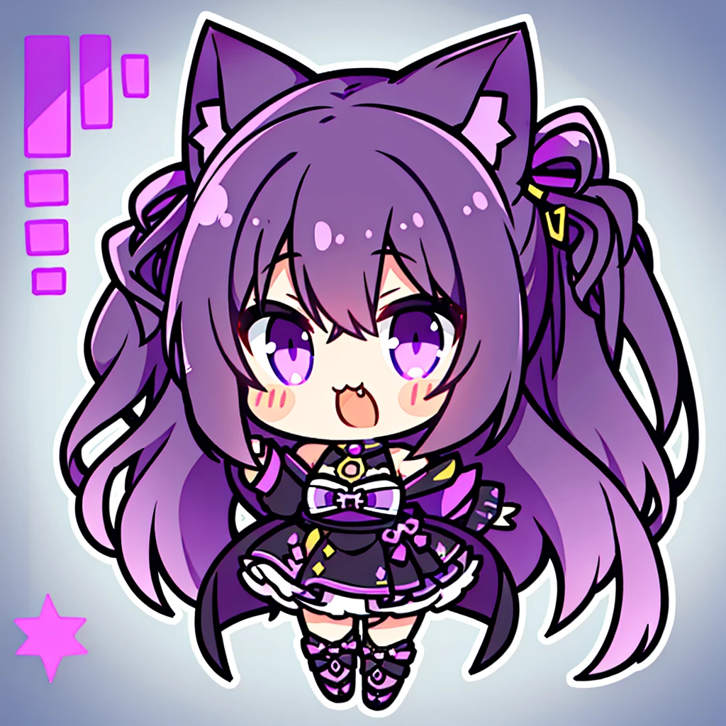 Generate an image from a ,with cat ears,black wavy hair,sharp purple eyes,generate a tuber png image with other expressions in chibi format