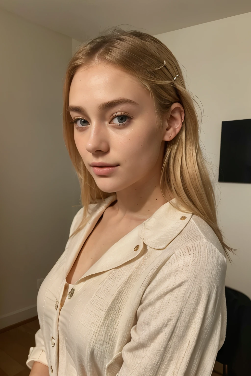 Pretty beautiful 21 year old blonde girl, posing for a business coach instagram profile picture, profile look, ultra-textured skin, (phoebe dynevor 0.9)