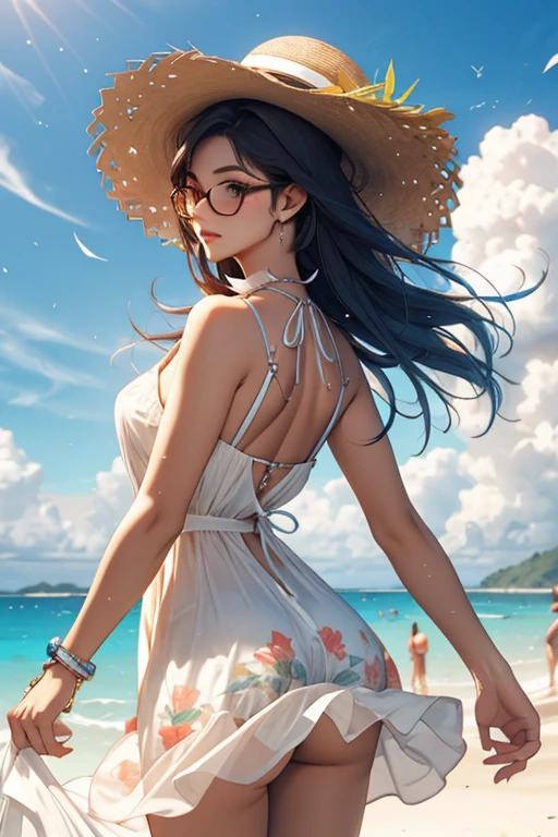 Highest quality、masterpiece、High sensitivity、High resolution、Detailed Description、Slender women、Glasseini dress、Tropical Beach、A strong wind is blowing、