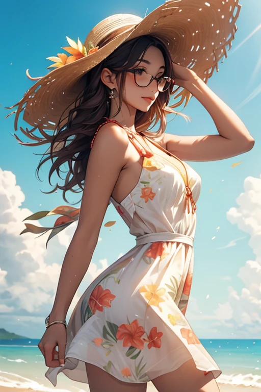Highest quality、masterpiece、High sensitivity、High resolution、Detailed Description、Slender women、Glasseini dress、Tropical Beach、A strong wind is blowing、