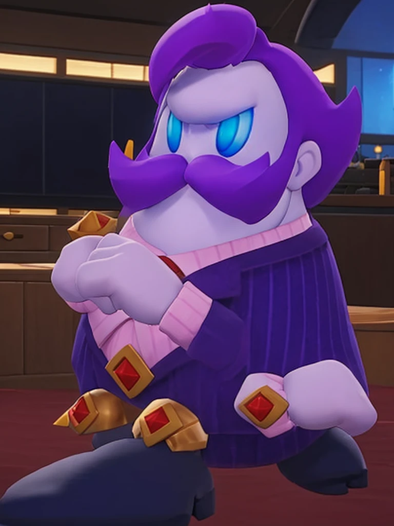  haltmann, purple hair, purple mustache, arms, wearing a dark blue suit with pink vertical lining, pink shirt, red tie, black shoes, gold suit button with a red diamond, pale purple gloves, pink cuffs, pale purple skin, blue eyes, golden earpiece with antenna