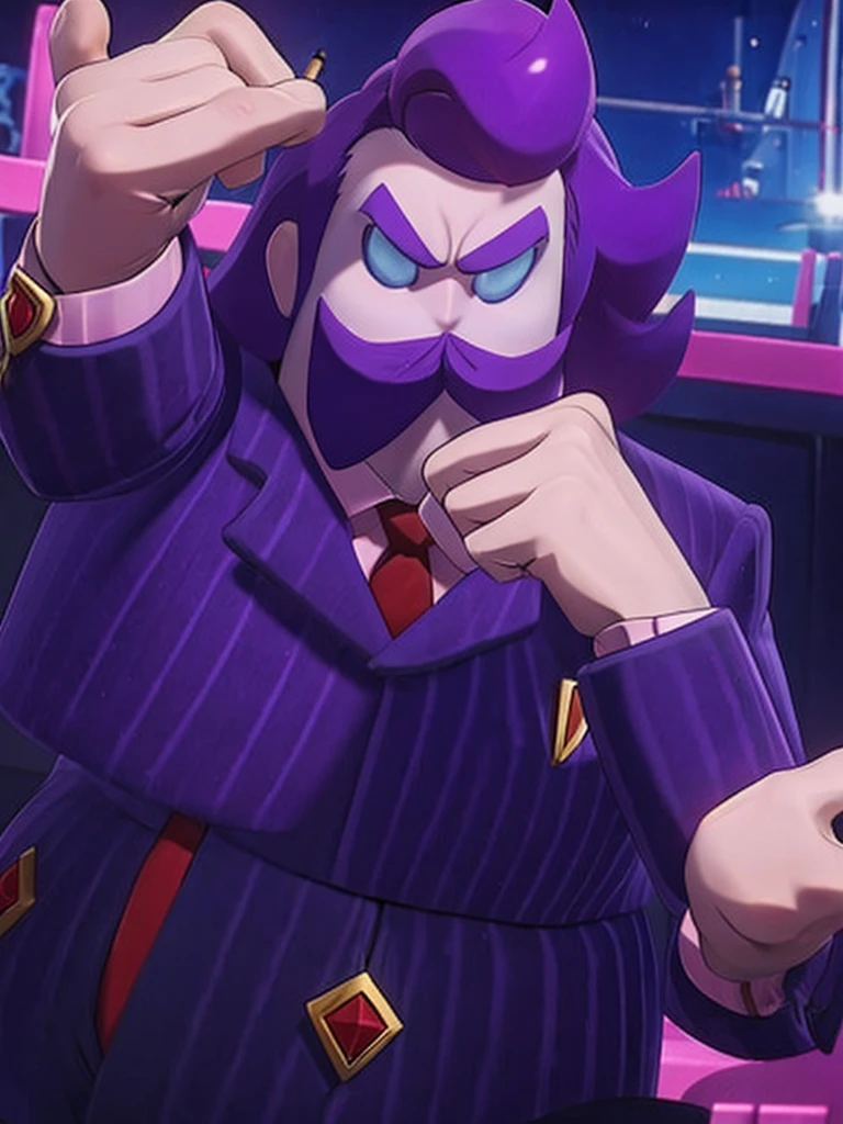  haltmann, purple hair, purple mustache, arms, wearing a dark blue suit with pink vertical lining, pink shirt, red tie, black shoes, gold suit button with a red diamond, pale purple gloves, pink cuffs, pale purple skin, blue eyes, golden earpiece with antenna