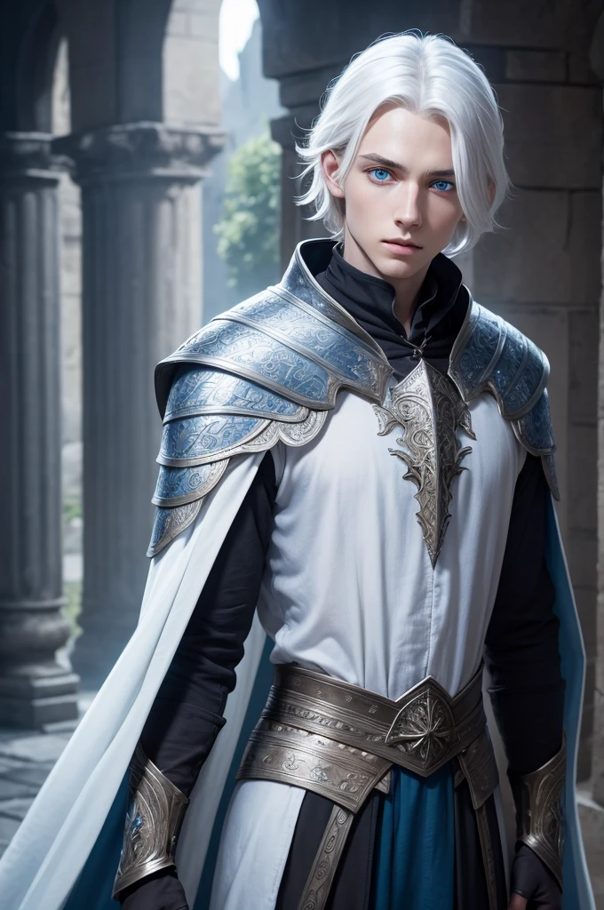 A young man descended from ancient Valyria, white hair below the shoulders, blue colored eyes, slender face 
