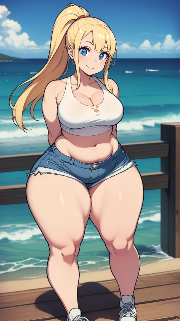 ((highres)), Masterpiece, high quality, best quality, beautiful, perfect lighting, detailed face, ultra cute face, looking at viewer, ((1girl)), ((solo)), cowboy shot, 

long blonde hair, ponytail, blue eyes, crop top, jean shorts, cleavage, medium breasts, wide hips, (thick thighs), pudgy, smile,

Standing on a dock, ocean in background, arms behind back,
