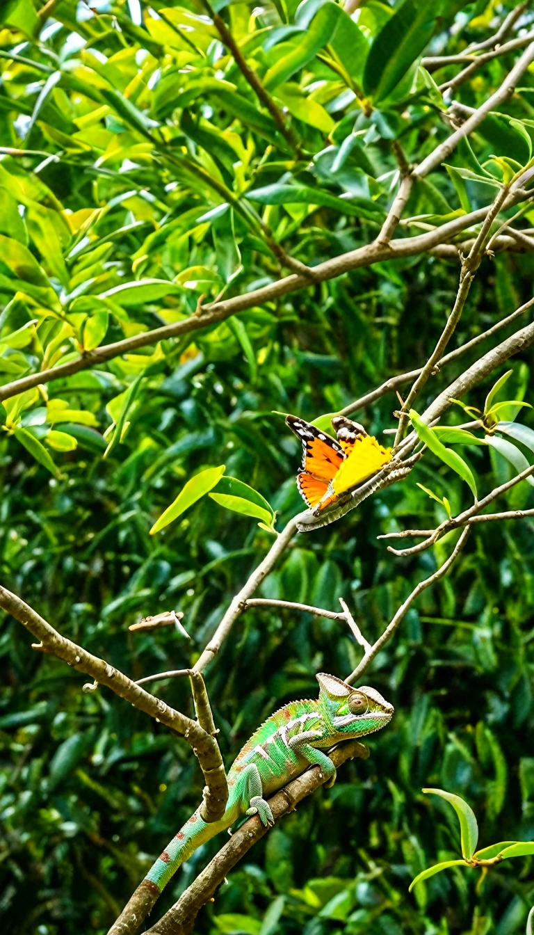 A chameleon aiming away towards a butterfly resting on a tree branch