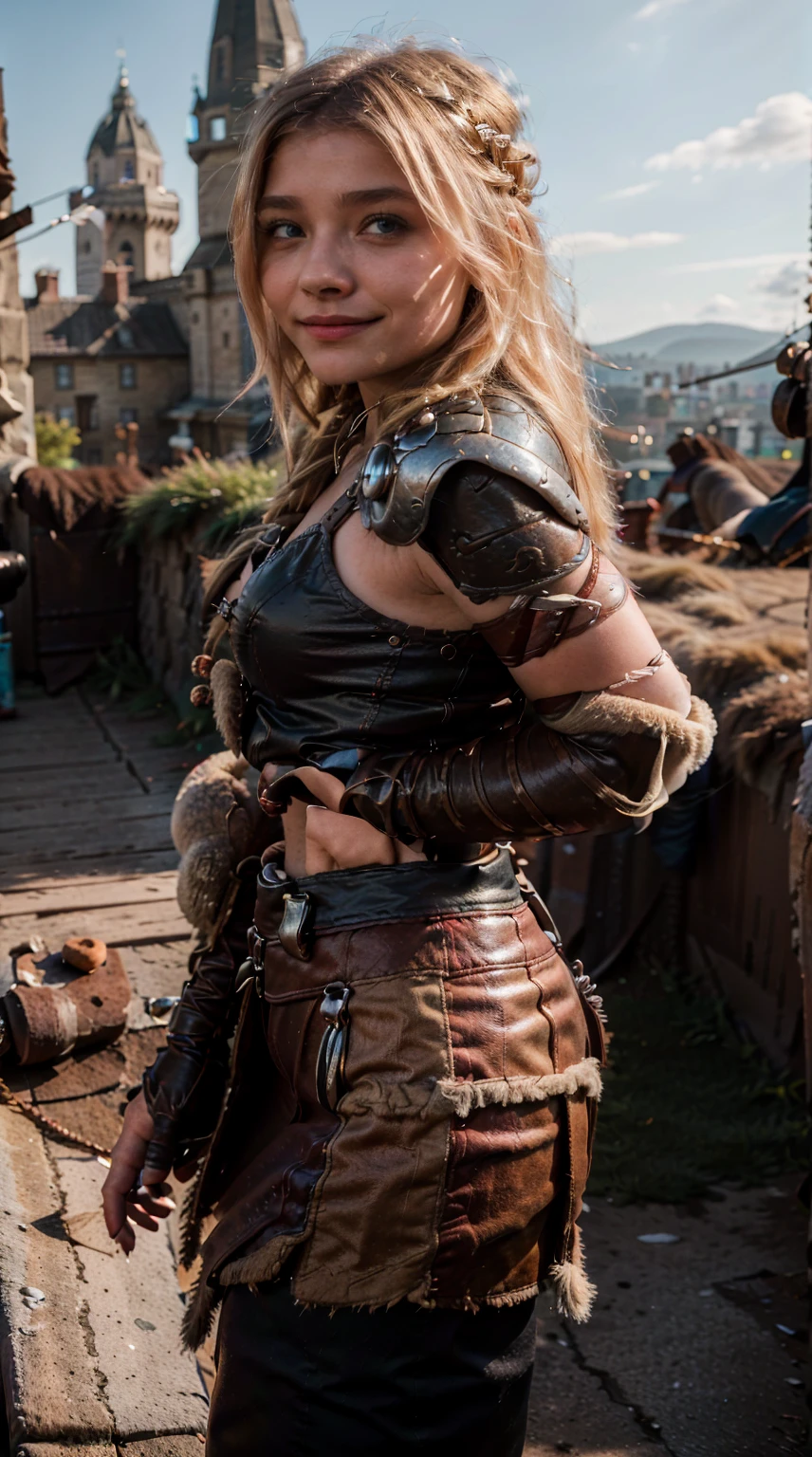 Masterpiece, Best quality,, (photorealistic1.4), (UHD), (epiCRealLife), (flashphoto), (Astrid Hofferson headband),  (photorealistic1.4), (cleavage), (medium breasts), (red tank top) (Chloe Grace Moretz), (chl03gm), (Astrid Hofferson armor  Costume), (astrid_Character outfit), (Astrid Armor) (AstridWaifu), ( (Medieval outdoor), (castle landscape), (daytime), (on castle rooftop), (from side), Chloe Grace Moretz smile), (poses for pictures), 