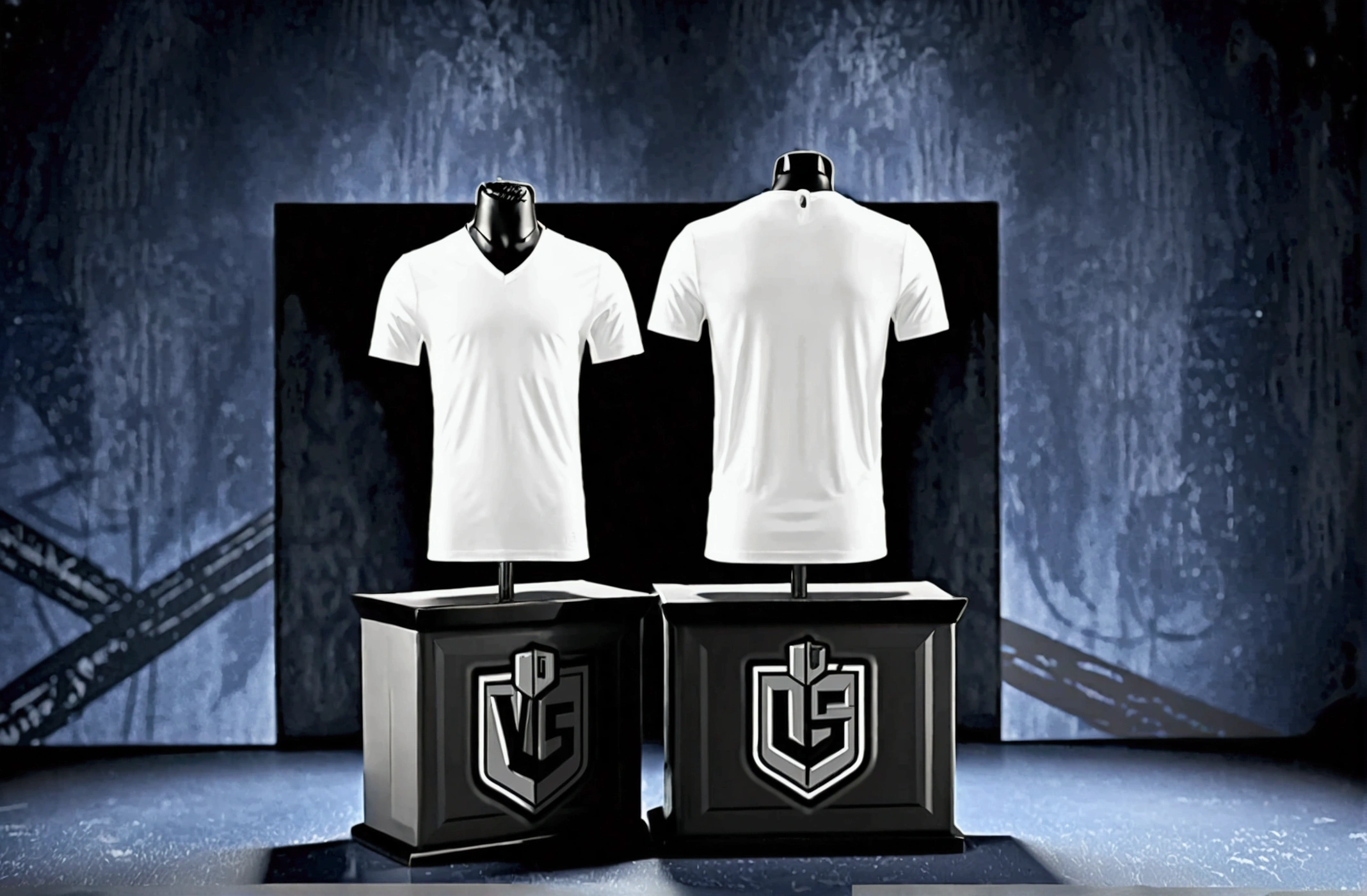 The image shows a mannequin dressed in a white shirt placed in front and back a black V-neck background