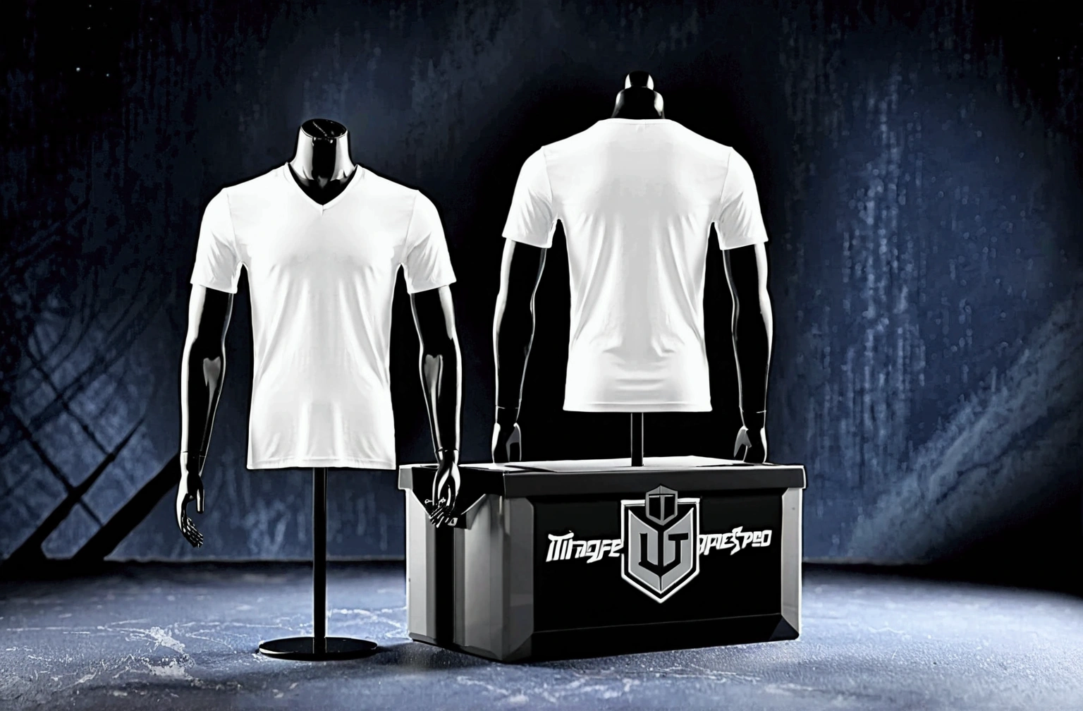 The image shows a mannequin dressed in a white shirt placed in front and back a black V-neck background