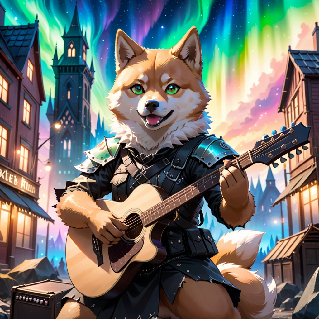 ethereal fantasy concept art of  (Highest Quality, 4k, masterpiece:1.1), (realism, photorealistic:1.4), ray traced, hyper realism, soft lighting, detailed background, film grain, (detailed fur texture:1.3),
BREAK
((black metal)) anthro shiba inu plays his guitar on the last day on earth ,(wearing black metal outfit),(( post-apocalyptic destroyed dieselpunk city background)) , fangs , angry, paws,(new dawn), (aurora borealis) , closeup, high quality photography, 3 point lighting, flash with softbox, 4k, Canon EOS R3, hdr, smooth, sharp focus, high resolution, award winning photo, 80mm, f2.8, bokeh . magnificent, celestial, ethereal, painterly, epic, majestic, magical, fantasy art, cover art, dreamy