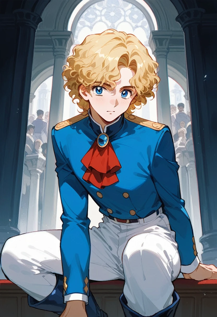 Blonde curled hair, long cold blue eyes, charter, ruffled blue uniform hanging from a red brooch on the collar, men, white pants, knee-high boots to the thigh, retro manga style, Palace of Versailles