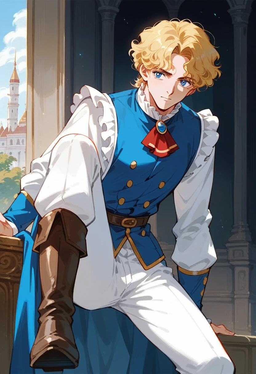 Blonde curled hair, long cold blue eyes, charter, ruffled blue uniform hanging from a red brooch on the collar, men, white pants, knee-high boots to the thigh, retro manga style, Palace of Versailles
