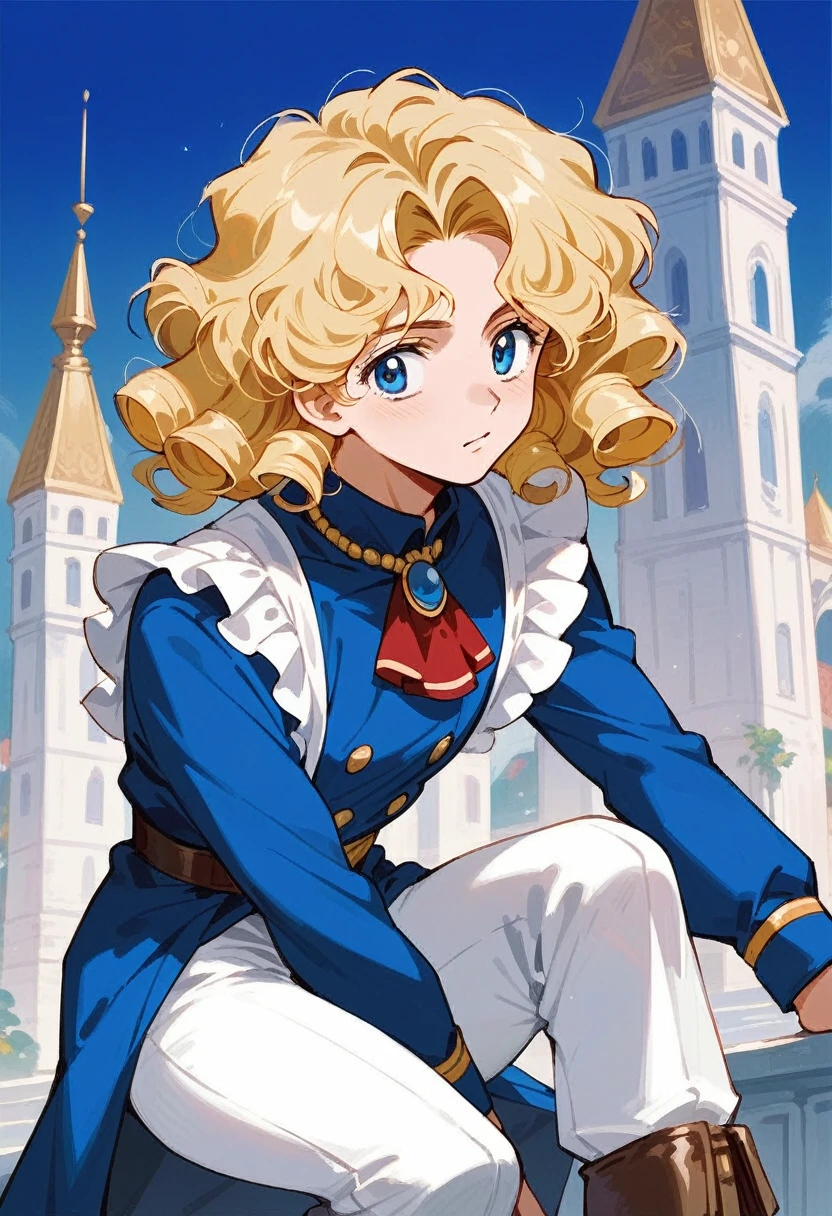 Blonde curled hair, long cold blue eyes, charter, ruffled blue uniform hanging from a red brooch on the collar, men, white pants, knee-high boots to the thigh, retro manga style, Palace of Versailles