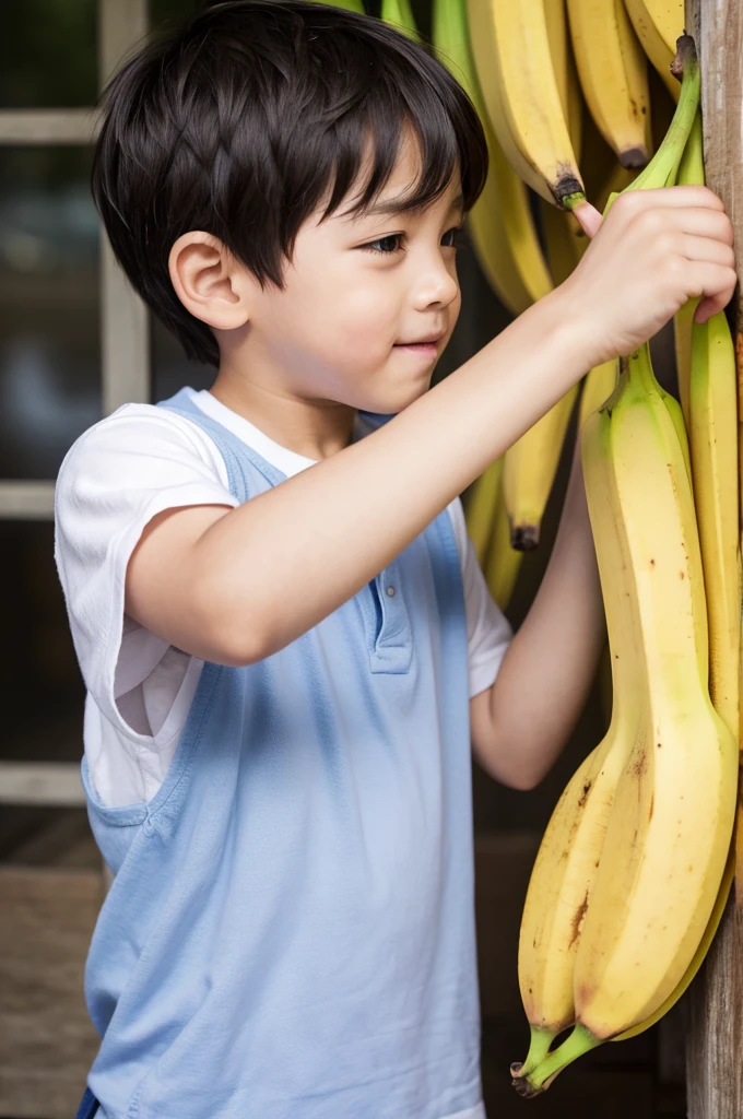 Cute boy punching with banana