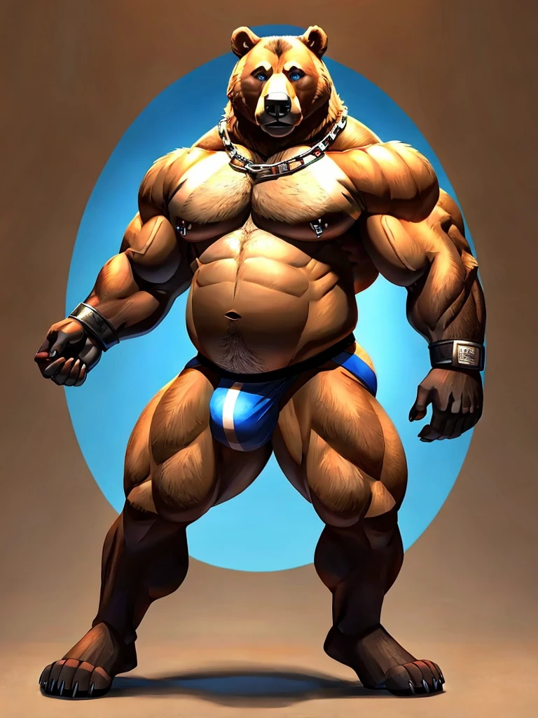 My fursona is a split species, part grizzly bear and part German Shepherd dog. He stands mostly bipeadel, but his general body shape alows him to easily take a quadrupedal sance. For his face, the muzzle leans more towards a bear's, while the ears are more like a dog's. The general head shape is a decent blend of the 2 species, with dark blue eyes. He has a large and thick silver septum nose piercing as well as a 2 silver cartilage cruncher ear hoops on his right ear. Around his neck is a thick chain linked together on his chest by a red padlock. He has broad shoulders like a bear, and thick arms combining muscles  covered with a layer of fat leading to bear paws with oposable thumbs. He has a black lether armband around eack large bicep. Each paw has a silver ring on what would be the ring finger and a dark red ring on what would be the middle finger. His chest is pretty prominent, with large stone pectorals covered in minimal fat with both nipples pierced with silver hoops. His torso is fairly muscular with a layer of fat barley covering his muscle gut. He does not wear a shirt at all. His waist is wide and his butt is fairly round and plump. He is naked, therefore he shows his exposed large canine genitalia. At the base of his back above the back of his jockstrap is a thick, fluffy German Sheppered tail. His thighs muscular and are quit large at the top but slowly tapper to be a little bit thiner the closer they are to the knees. From the knees down, his legs take on a dog's typical hind legs shaped with the elongated foot, ending in strong, thick dog paws. His fur pattern and colors are those of a Germen Shepered, with a little more orange coming through the light brown parts of his fur.