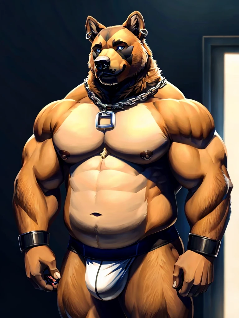 My fursona is a split species, part grizzly bear and part German Shepherd dog. He stands mostly bipeadel, but his general body shape alows him to easily take a quadrupedal sance. For his face, the muzzle leans more towards a bear's, while the ears are more like a dog's. The general head shape is a decent blend of the 2 species, with dark blue eyes. He has a large and thick silver septum nose piercing as well as a 2 silver cartilage cruncher ear hoops on his right ear. Around his neck is a thick chain linked together on his chest by a red padlock. He has broad shoulders like a bear, and thick arms combining muscles  covered with a layer of fat leading to bear paws with oposable thumbs. He has a black lether armband around eack large bicep. Each paw has a silver ring on what would be the ring finger and a dark red ring on what would be the middle finger. His chest is pretty prominent, with large stone pectorals covered in minimal fat with both nipples pierced with silver hoops. His torso is fairly muscular with a layer of fat barley covering his muscle gut. He does not wear a shirt at all. His waist is wide and his butt is fairly round and plump. He is naked, therefore he shows his exposed large canine genitalia. At the base of his back above the back of his jockstrap is a thick, fluffy German Sheppered tail. His thighs muscular and are quit large at the top but slowly tapper to be a little bit thiner the closer they are to the knees. From the knees down, his legs take on a dog's typical hind legs shaped with the elongated foot, ending in strong, thick dog paws. His fur pattern and colors are those of a Germen Shepered, with a little more orange coming through the light brown parts of his fur.