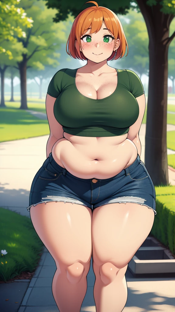 ((highres)), Masterpiece, high quality, best quality, beautiful, perfect lighting, detailed face, ultra cute face, ((1girl)), ((solo), short fluffy orange hair, green eyes, freckles, ((blush)), sweet smile, looking at viewer, arms behind back, standing in a park, (park), daytime, crop top, shorts, (((thick thighs))), ((wide hips)), cleavage, (medium breasts), (chubby), 20 year old female,