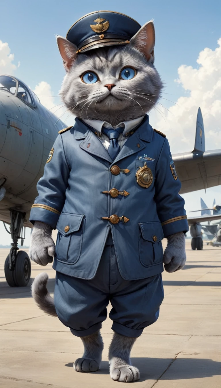 small, かわいいto be bornき物, Pilot Wear、 whole body,small , Are standing, Costume, Airfield、 Fantasy art, Exquisite detail, Jean-Baptiste Monge Style, office、Alan Lee Style, Anthropomorphic, Fat, A blue-grey Russian Blue cat with big eyes, Movie Scenes, Dramatic shot angles, , Realistic, to be born々Stunning cinematic photorealism, Action Portrait, 8k, detailed, Full Frame