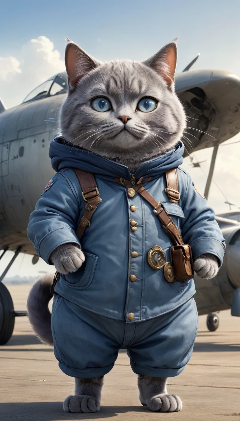  small, かわいいto be bornき物, Pilot Wear、 whole body,small , Are standing, Costume, Airfield、 Fantasy art, Exquisite detail, Jean-Baptiste Monge Style, office、Alan Lee Style, Anthropomorphic, Fat, A blue-grey Russian Blue cat with big eyes, Movie Scenes, Dramatic shot angles, , Realistic, to be born々Stunning cinematic photorealism, Action Portrait, 8k, detailed, Full Frame