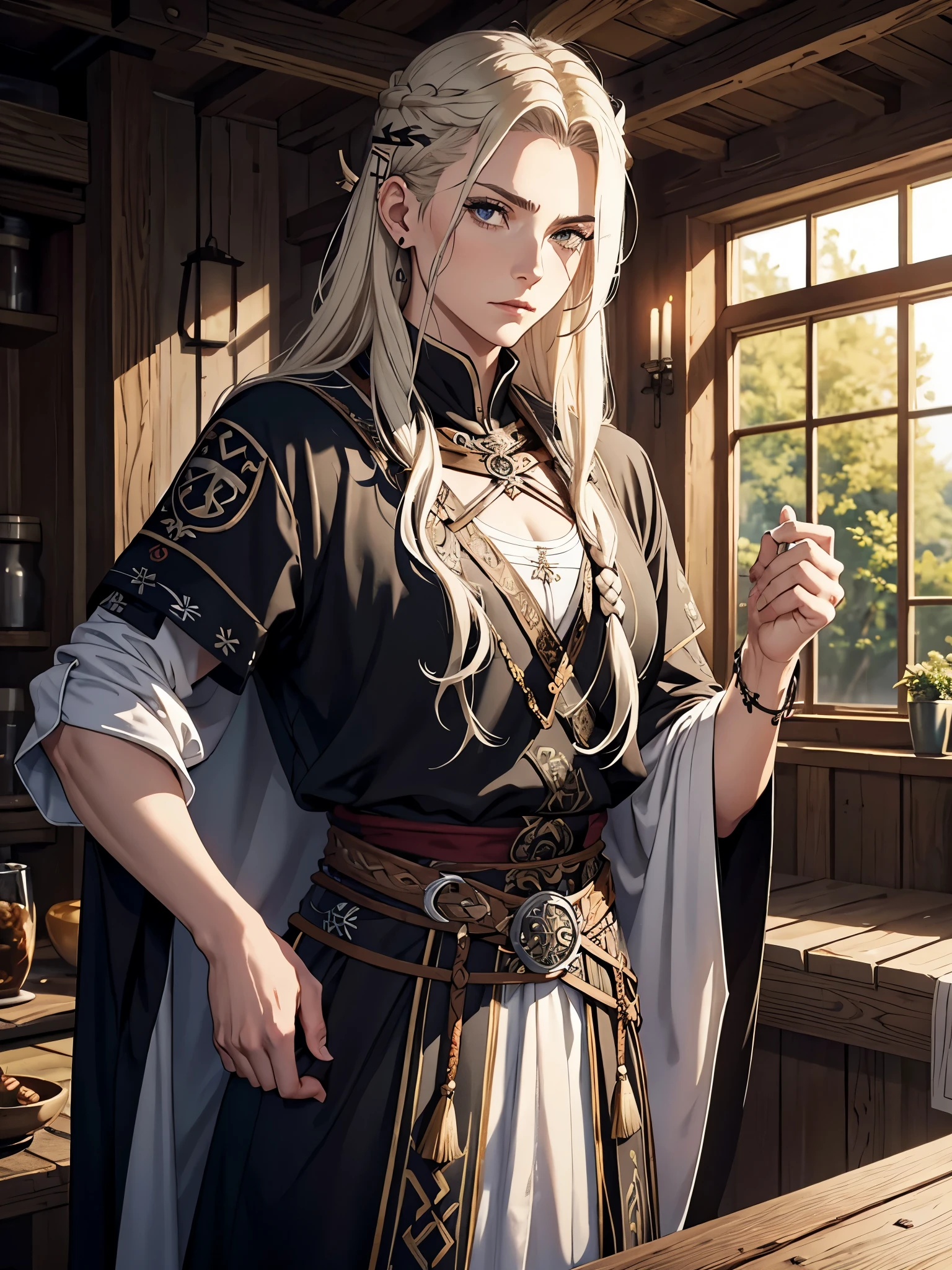 Masculine woman. Powerful. Viking hair accessories. Vikinger sidecut frisur. Nuskeln Magnificent Robe. Nordic viking woman with ashblonde hair. With löwen.