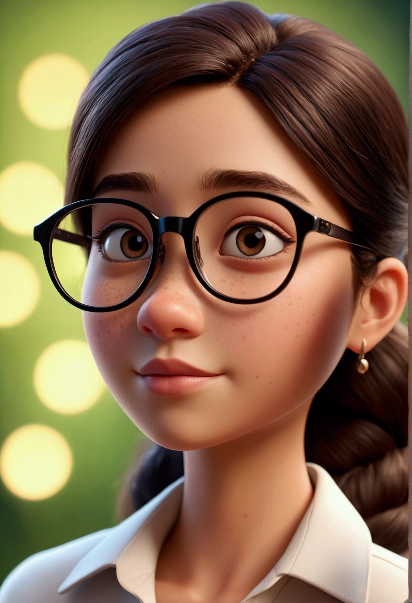 Cartoon character of a 22 year old young woman, with black round glasses and white shirt, animation character, stylized character, animation style rendering, 3d stylized, Arnold Maya rendering, Stylized 3D rendering, toon render screenshot, 3d character, 3d character, Stylized 3D rendering, 3D character rendering, cartoon character, Personagem de close up, character posing, (Pixar-style) (master part:1.2) (bokeh) (best qualityer) (skin detailed) (detailed texture) (8k) (Argilla) (cinematic lighting) (sharp focus