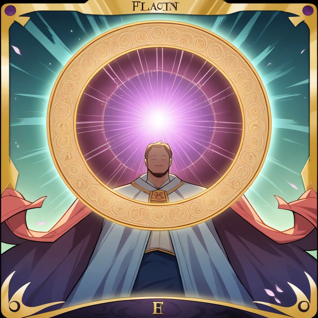 Create an illustration of a Tarot card themed around the concept "Elevate your Energy." The central figure is levitating in a meditative pose, dressed in flowing, ethereal robes that flutter as if moved by an unseen force. This figure can be either male or female, exuding a serene and enlightened aura.Surrounding the figure is a radiant aura of luminous colors—predominantly gold, white, and violet—representing high vibrations and spiritual enlightenment. Below the levitating figure, flowers are blooming, with their petals oriented upwards, as if absorbing and reflecting the surrounding energy. In the background, majestic mountains symbolize stability and spiritual ascent.Above the figure, a large, glowing mandala with a shining sun or star at its center radiates energy that seems to flow through the figure, emphasizing the elevation of energy and spiritual alignment. Along the edges of the card, include symbols of chakras, energy circles, or other esoteric signs to enhance the theme of spiritual awakening and energy elevation.At the bottom of the card, elegantly inscribe the phrase "Elevate your Energy" in golden letters, highlighting the card's central message.This Tarot card should evoke a sense of uplifting energy, spiritual growth, and enlightenment.