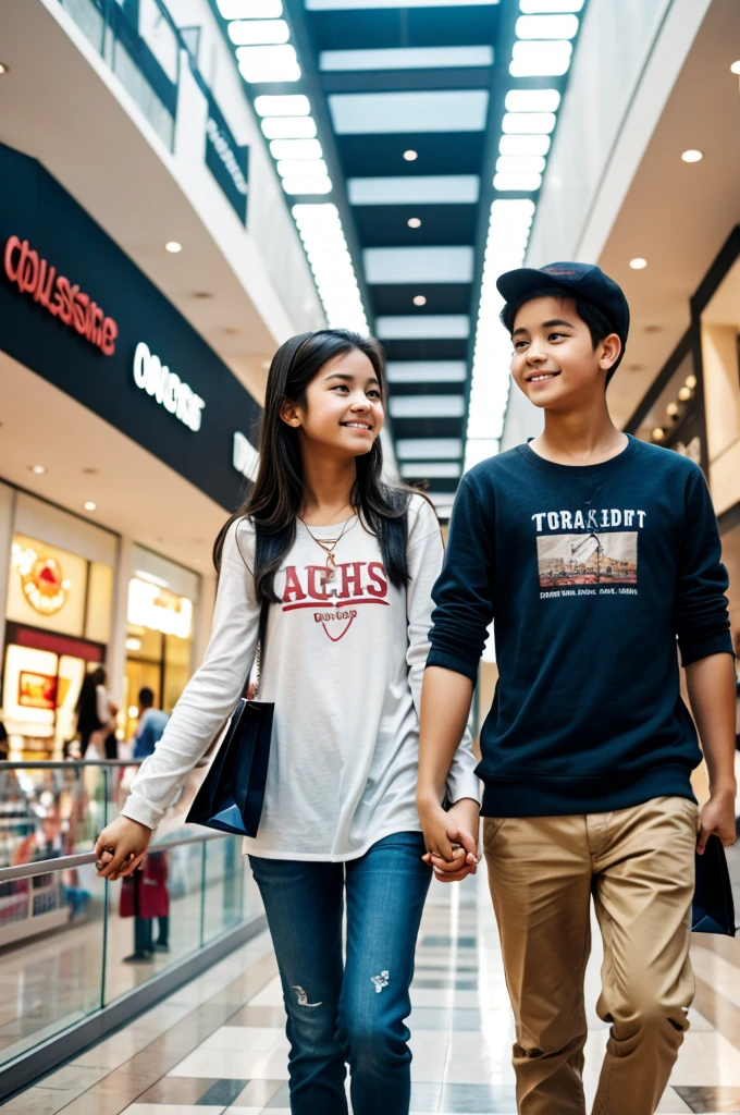 Taking a photo of a boy and a girl holding hands in a shopping mall