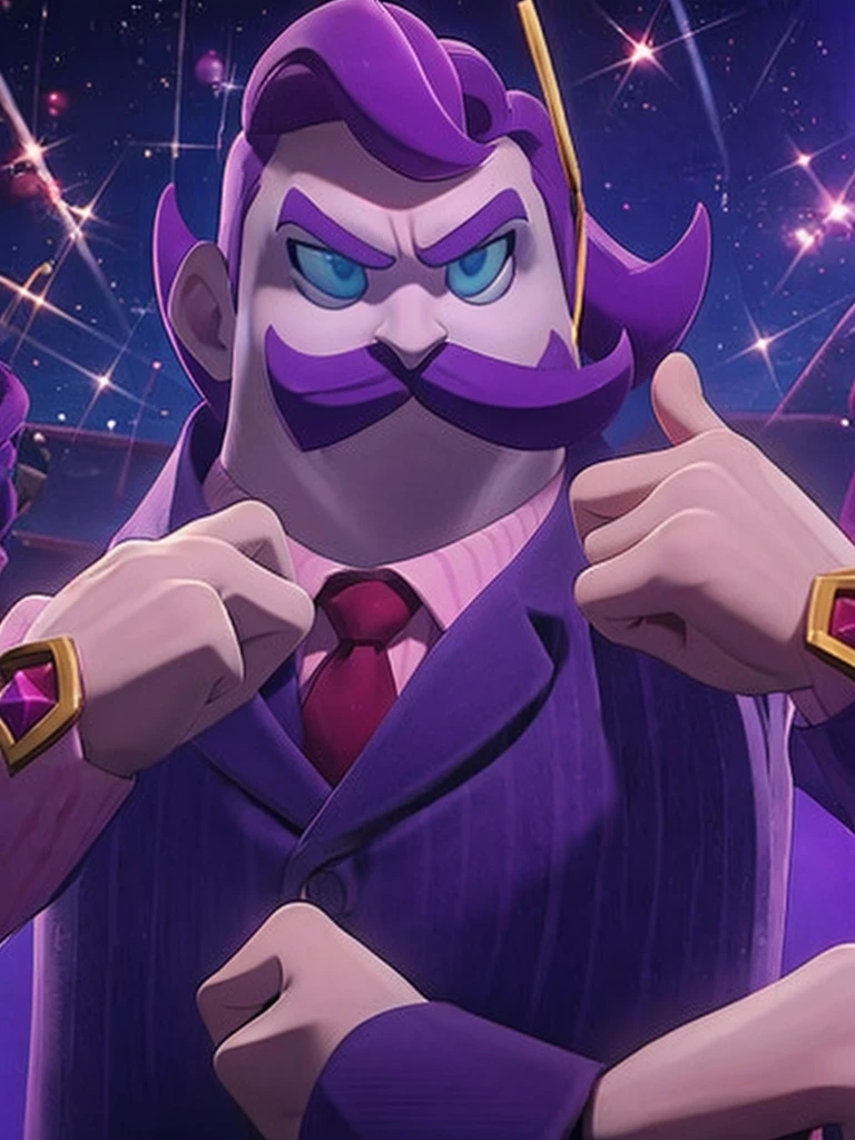  haltmann, purple hair, purple mustache, arms, wearing a dark blue suit with pink vertical lining, pink shirt, red tie, black shoes, gold suit button with a red diamond, pale purple gloves, pink cuffs, pale purple skin, blue eyes, golden earpiece with antenna