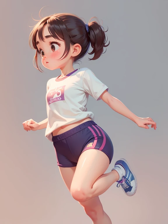 masterpiece, Highest quality，Very short stature，Thin thighs，Illustration of a cute girl running，Pixar Style, Simple Background，，Very cute gym clothes，Perfect detail，