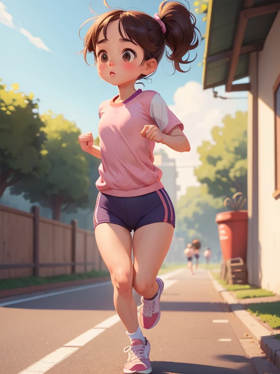 masterpiece, Highest quality，Very short stature，Thin thighs，Illustration of a cute girl running，Pixar Style, Simple Background，，Very cute gym clothes，Perfect detail，