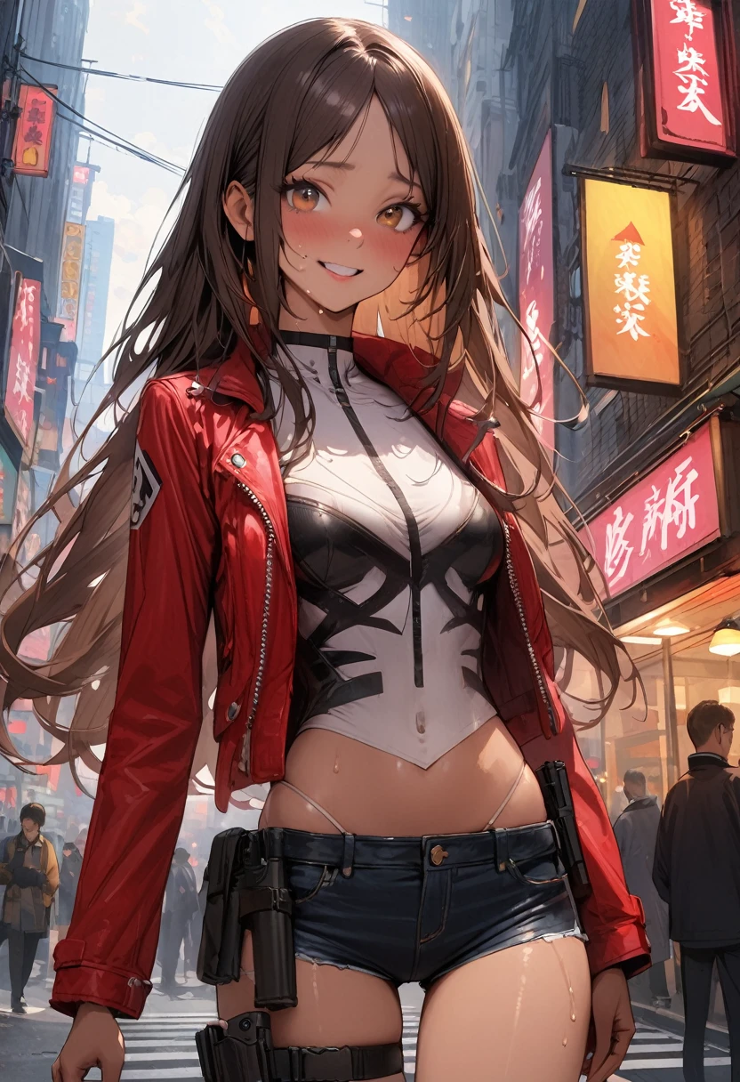 ((masterpiece,Highest quality:1.3,best quality illustration)),realistic,cowboy shot,独奏,1woman,(25 year old beauty),dark brown hair,long hair,bangs,brown eyes,(gorgeous big eyes),((very small head:1.3)),shy,smile,((very long body:1.2,skinny)),(tan skin),medium breasts,Riders jacket、Micro Shorts、Leg Holster、Pistol,sweat,gleaming skin,slender body,standing,on street,neon、New York City、