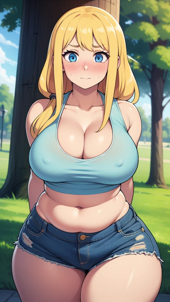 ((highres)), Masterpiece, high quality, best quality, beautiful, perfect lighting, detailed face, ultra cute face, cowboy shot, ((1girl)), ((solo)),

long hair, fluffy hair, blonde hair, blue eyes, ((blush)), embarrassed, nervous, shy, looking at viewer, arms behind back, crop top, shorts, thick thighs, (wide hips), (chubby), chubby belly, cleavage, ((large breasts)), 

20 year old female, standing in a park, (park), daytime,
