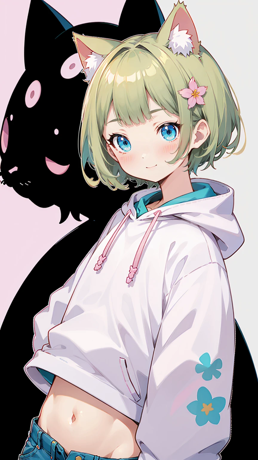 Denim shorts、Belly button、Blonde Hair、Pink short-sleeved hoodie、大きなFlower Hair Ornaments、Belly button、An unprecedented number of draws、Flower Hair Ornaments、Floral Hair Accessories、Blonde、Cat ear、Pink short-sleeved hoodie、high quality、Colorful color palette、high resolution、pretty girl、 Pink hoodie、An unprecedented number of draws、Anime Style、Geometric background、Sticker Style、short hair、Blonde、Turquoise Eyes, Messy Hair, Pink hoodie、髪と同じ色のCat ear、front, Hands posing, Until death, Bondage, Baggy clothes