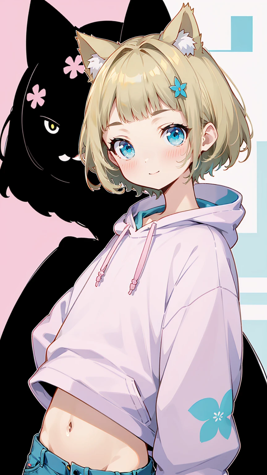 Denim shorts、Belly button、Blonde Hair、Pink short-sleeved hoodie、大きなFlower Hair Ornaments、Belly button、An unprecedented number of draws、Flower Hair Ornaments、Floral Hair Accessories、Blonde、Cat ear、Pink short-sleeved hoodie、high quality、Colorful color palette、high resolution、pretty girl、 Pink hoodie、An unprecedented number of draws、Anime Style、Geometric background、Sticker Style、short hair、Blonde、Turquoise Eyes, Messy Hair, Pink hoodie、髪と同じ色のCat ear、front, Hands posing, Until death, Bondage, Baggy clothes