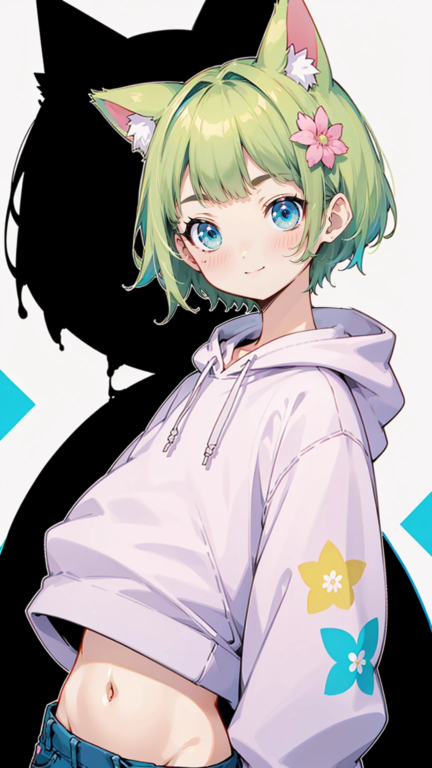 Denim shorts、Belly button、Blonde Hair、Pink short-sleeved hoodie、大きなFlower Hair Ornaments、Belly button、An unprecedented number of draws、Flower Hair Ornaments、Floral Hair Accessories、Blonde、Cat ear、Pink short-sleeved hoodie、high quality、Colorful color palette、high resolution、pretty girl、 Pink hoodie、An unprecedented number of draws、Anime Style、Geometric background、Sticker Style、short hair、Blonde、Turquoise Eyes, Messy Hair, Pink hoodie、髪と同じ色のCat ear、front, Hands posing, Until death, Bondage, Baggy clothes