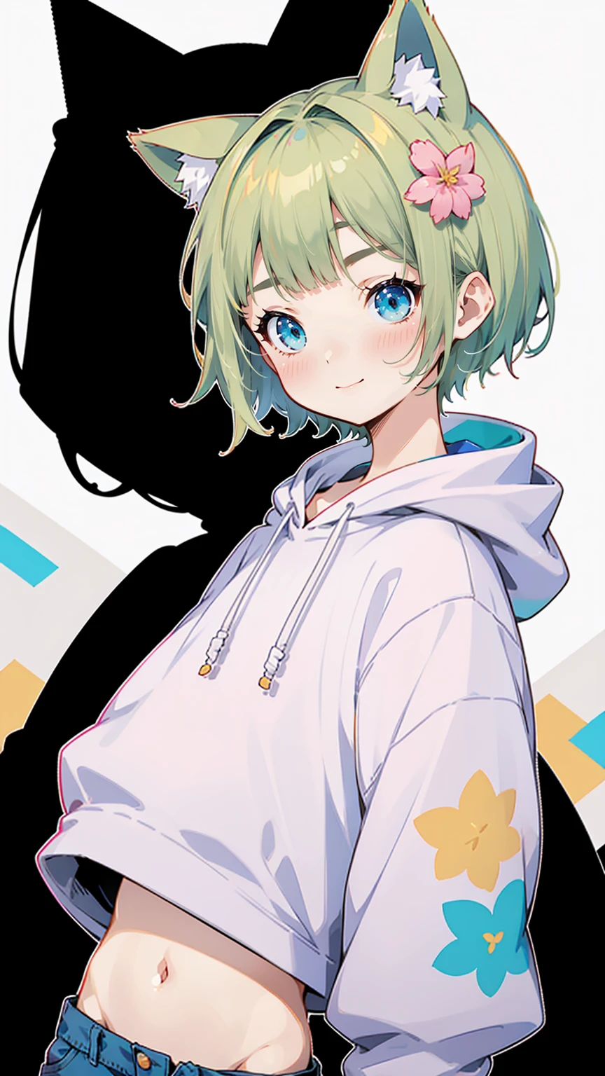 Denim shorts、Belly button、Blonde Hair、Pink short-sleeved hoodie、大きなFlower Hair Ornaments、Belly button、An unprecedented number of draws、Flower Hair Ornaments、Floral Hair Accessories、Blonde、Cat ear、Pink short-sleeved hoodie、high quality、Colorful color palette、high resolution、pretty girl、 Pink hoodie、An unprecedented number of draws、Anime Style、Geometric background、Sticker Style、short hair、Blonde、Turquoise Eyes, Messy Hair, Pink hoodie、髪と同じ色のCat ear、front, Hands posing, Until death, Bondage, Baggy clothes