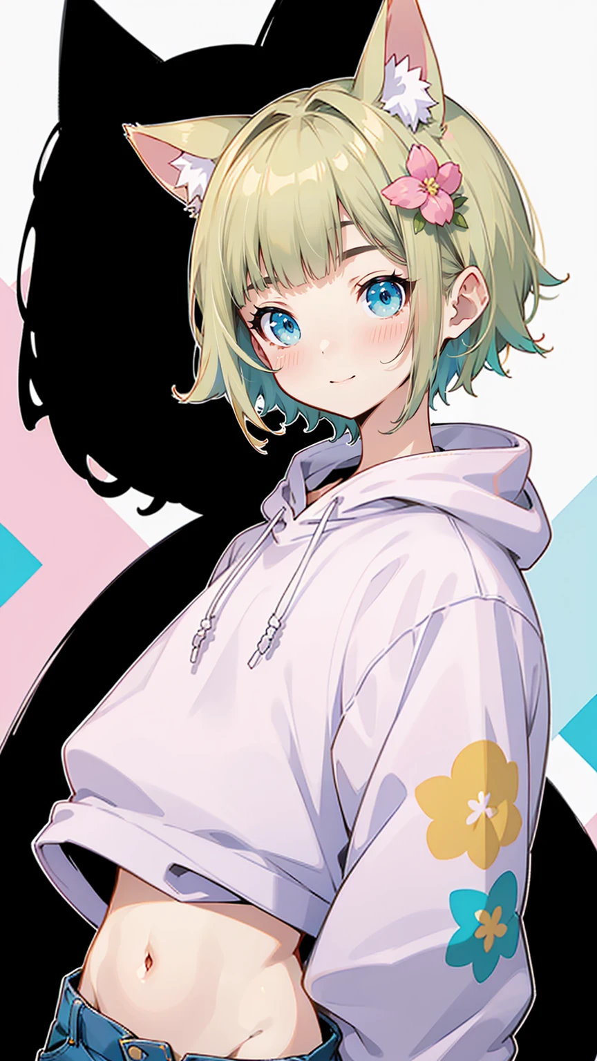 Denim shorts、Belly button、Blonde Hair、Pink short-sleeved hoodie、大きなFlower Hair Ornaments、Belly button、An unprecedented number of draws、Flower Hair Ornaments、Floral Hair Accessories、Blonde、Cat ear、Pink short-sleeved hoodie、high quality、Colorful color palette、high resolution、pretty girl、 Pink hoodie、An unprecedented number of draws、Anime Style、Geometric background、Sticker Style、short hair、Blonde、Turquoise Eyes, Messy Hair, Pink hoodie、髪と同じ色のCat ear、front, Hands posing, Until death, Bondage, Baggy clothes