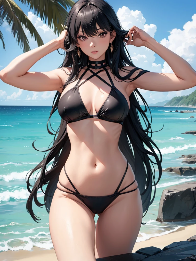 Yor foger, 1woman, at beach wearing a sexy black colour bikini, 8k, high detailed, high quality