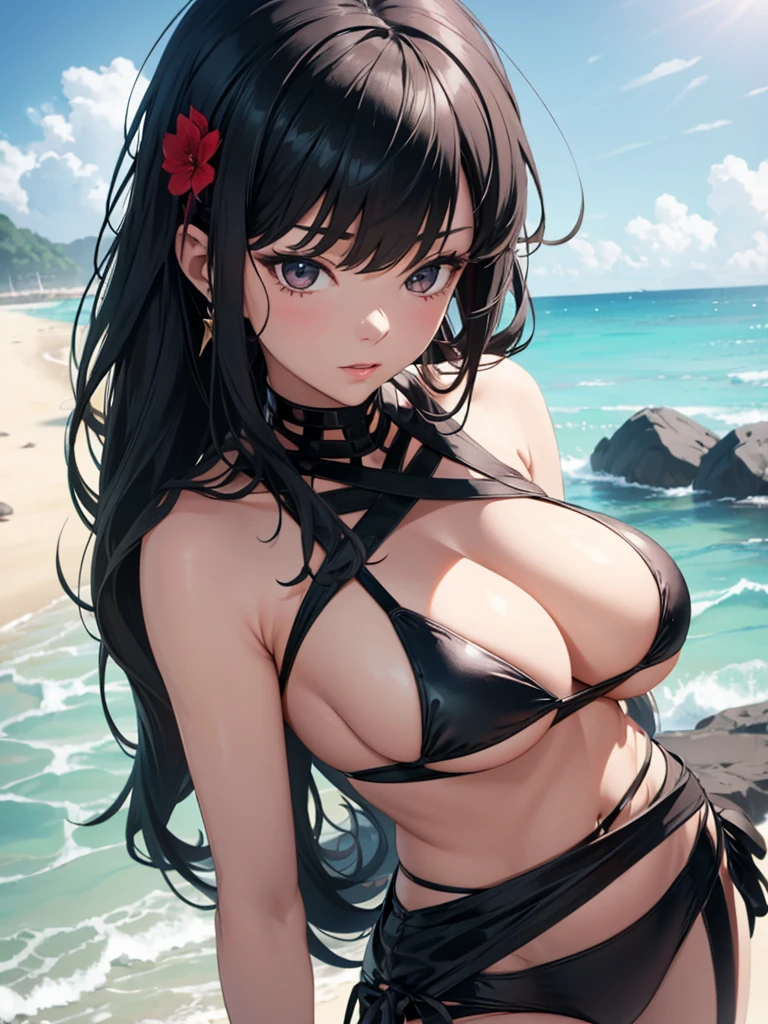 Yor foger, 1woman, at beach wearing a sexy black colour bikini, 8k, high detailed, high quality