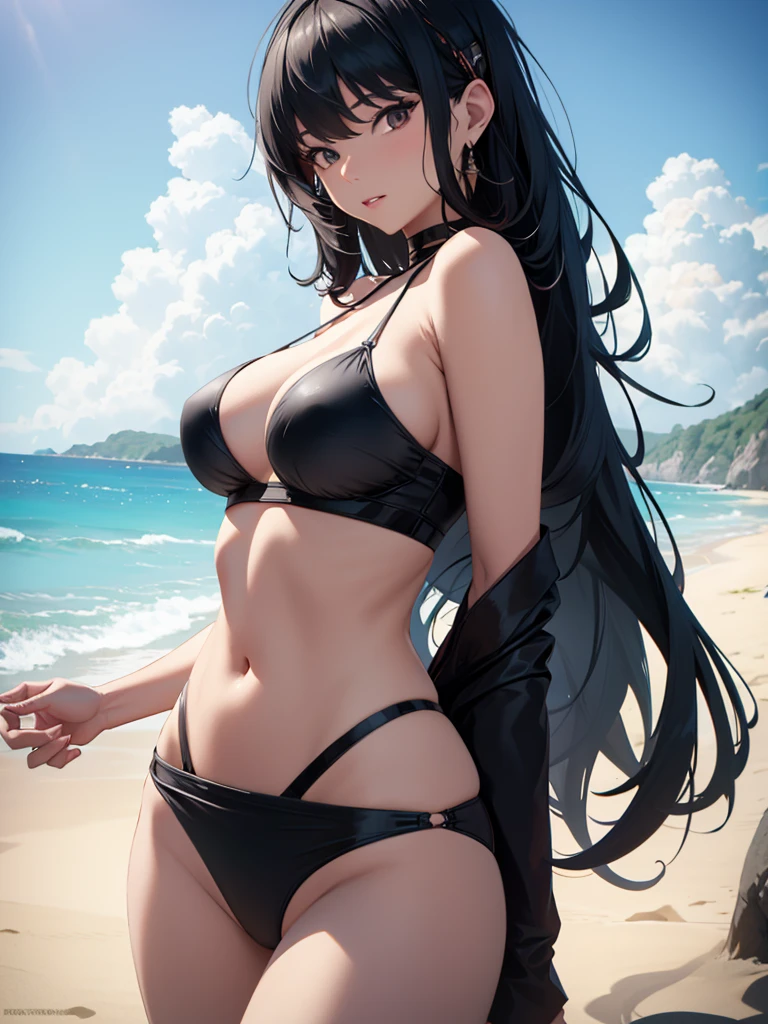 Yor foger, 1woman, at beach wearing a sexy black colour bikini, 8k, high detailed, high quality