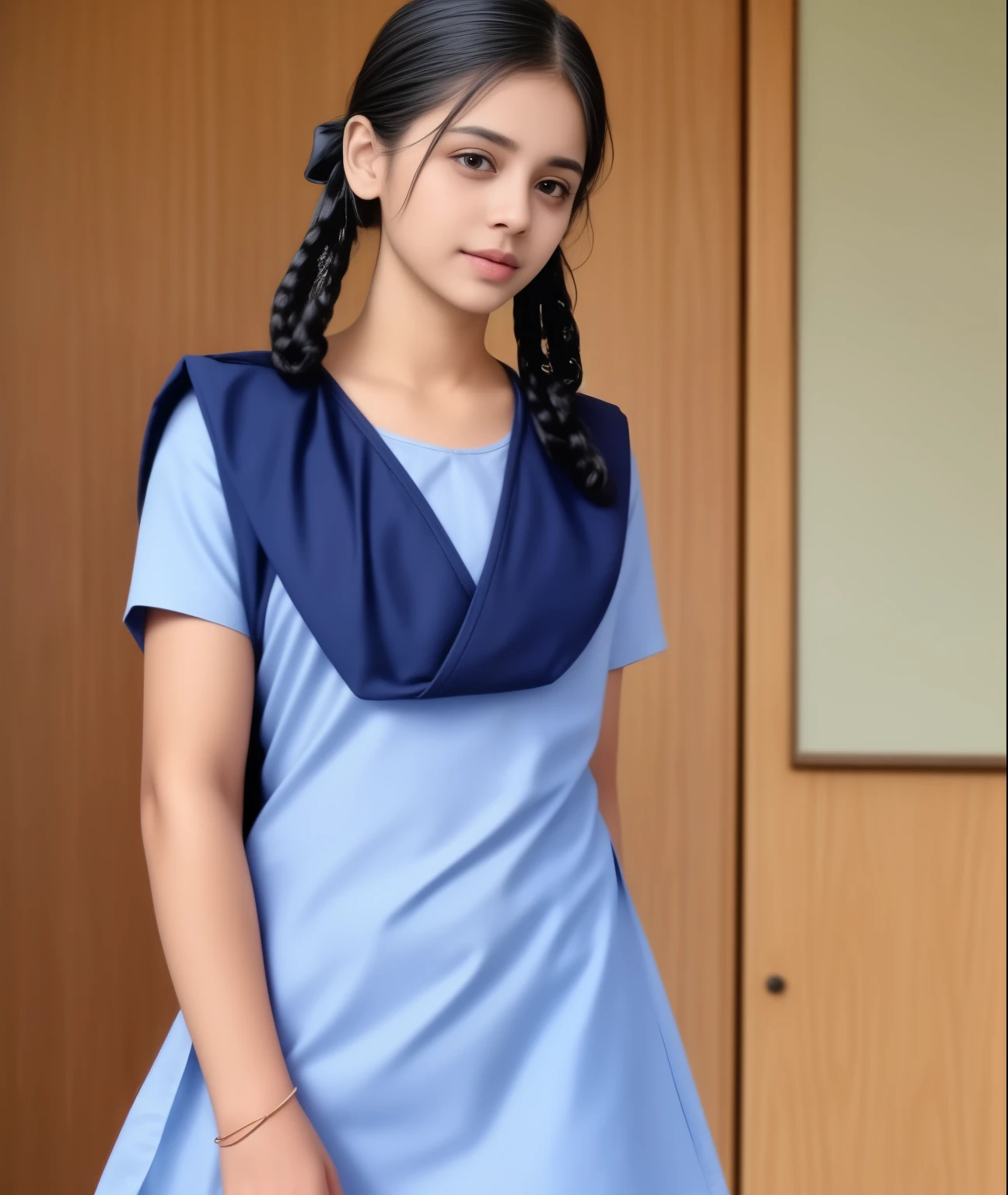 Raw photo , 1 girl ,Wearing salwar kameez uniform, girl, with plait , professional photographer, (hdr:1.4), masterpiece, ultra-realistic 8k, perfect artwork, intrincate details, cute face, award winning photograph, (Best quality, 8k, 32k, Masterpiece, UHD:1.3)