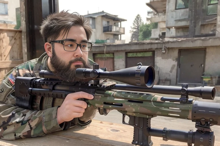 One boy, beard, Glasses, obesity, sniper rifle, Urban area, indoor, Woodland Camouflage, Monitoring, Tension, Bulletproof helmet, Military boots, stage, high place, Covert behavior, scope, long range shooting, Hide in the wall, window