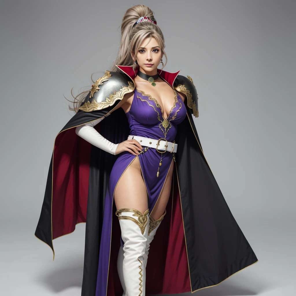 def_ishtar, purple dress, black cape, shoulder armor, jewelry, earrings, thigh boots, side slit, elbow gloves, cleavage, choker, necklace, belt, high heel boots, bridal gauntlets ,bracelet anklet, white footwear, portrait 