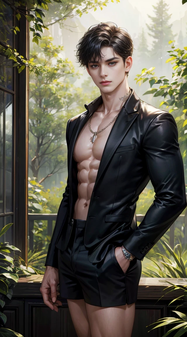 (best quality, masterpiece, highres:1.2), beautiful:1.5, open black suit, black short hair:1.5, afternoon in a deep forest, no one around, looking at the viewer,symmetrical eyes, shirtless , wearing fit shorts, with necklace,.