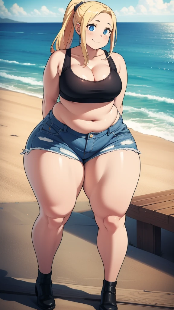 ((highres)), Masterpiece, high quality, best quality, beautiful, perfect lighting, detailed face, ultra cute face, looking at viewer, ((1girl)), ((solo)), cowboy shot,
long blonde hair, ponytail, blue eyes, crop top, jean shorts, cleavage, medium breasts, wide hips, (thick thighs), chubby, fat rolls, smile,
Standing on a dock, ocean in background, arms behind back,