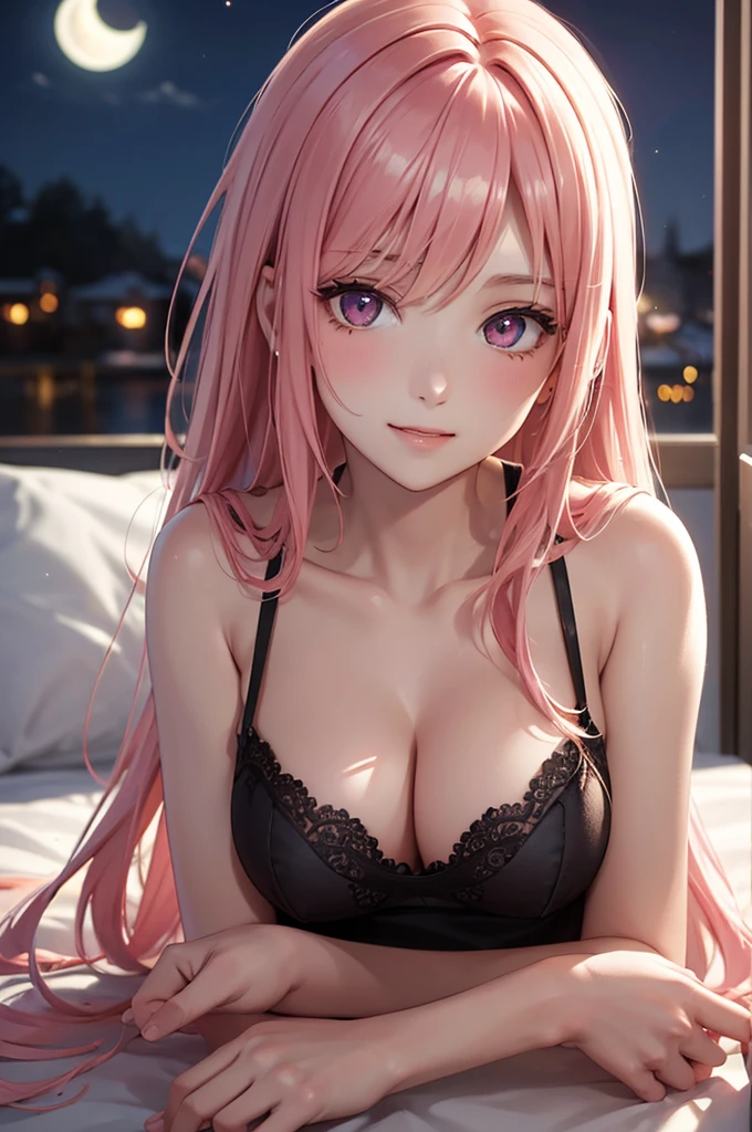 Best Quality,High resolution,8k,finelity detailed background,Masterpiece:1.2),beautiful girl,Shiny pink hair,asymmetrical hair,Pink eyes,Gentle look,A refreshing look,smile,Best quality,Best Quality,Aesthetic and aesthetic:1.2,Best details((Super detailed))(High-definition CG illustrations),Upper Body,Dark grey underwear,Slender body,night,moon,Bedroom,On the bed,smile,blush,cute,Scrounge,Looking up,Being spoiled,super model,wariza,shoot from,below