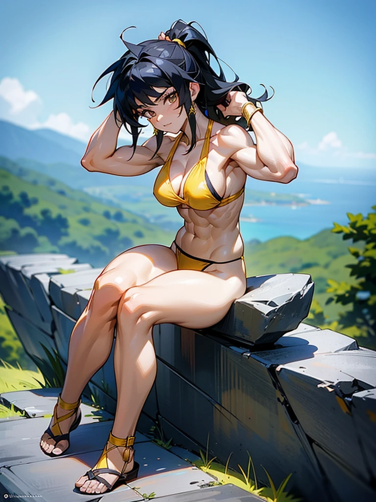 18 year old anime muscle mommy with black hair and pale skin in a yellow thong bikini flexing her muscles with her hands behind her head so they are not visible to pridefully showing off her rock hard abs while sitting on on a mountain ledge, highly detailed 