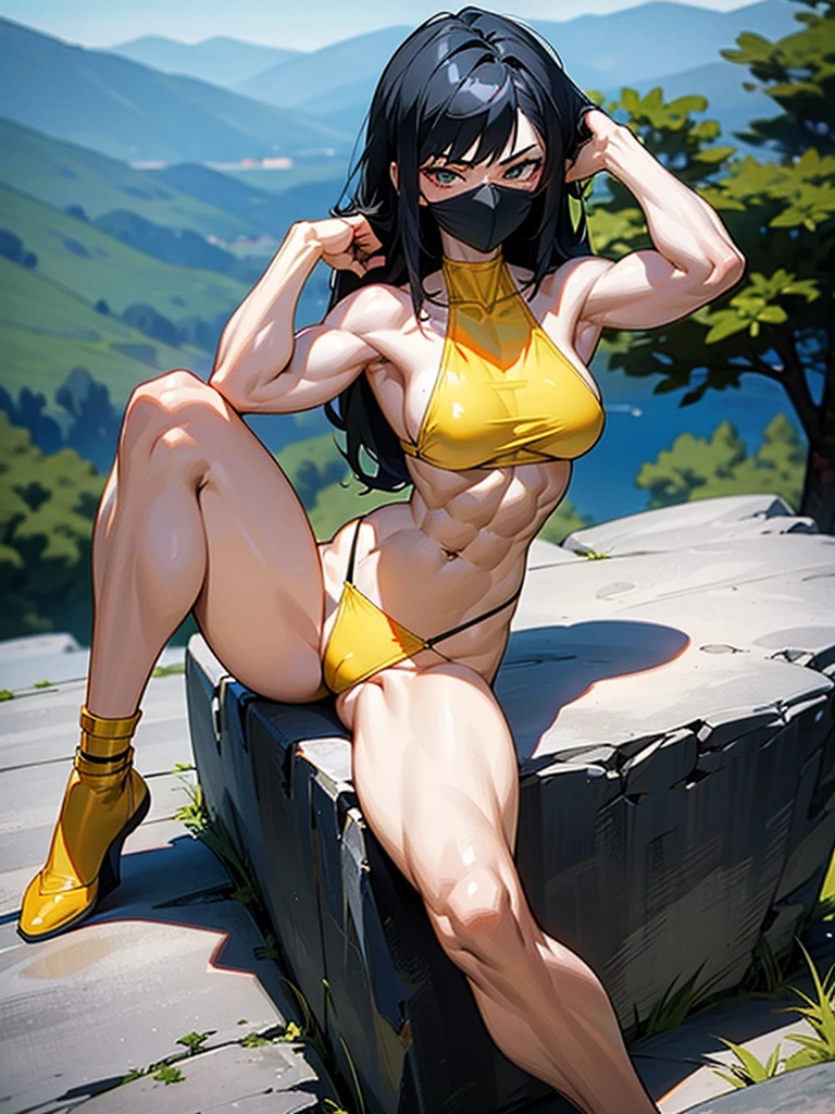 18 year old anime muscle mommy with black hair and pale skin in a yellow thong bikini flexing her muscles with her hands behind her head so they are not visible to pridefully showing off her rock hard abs while sitting on on a mountain ledge, highly detailed 